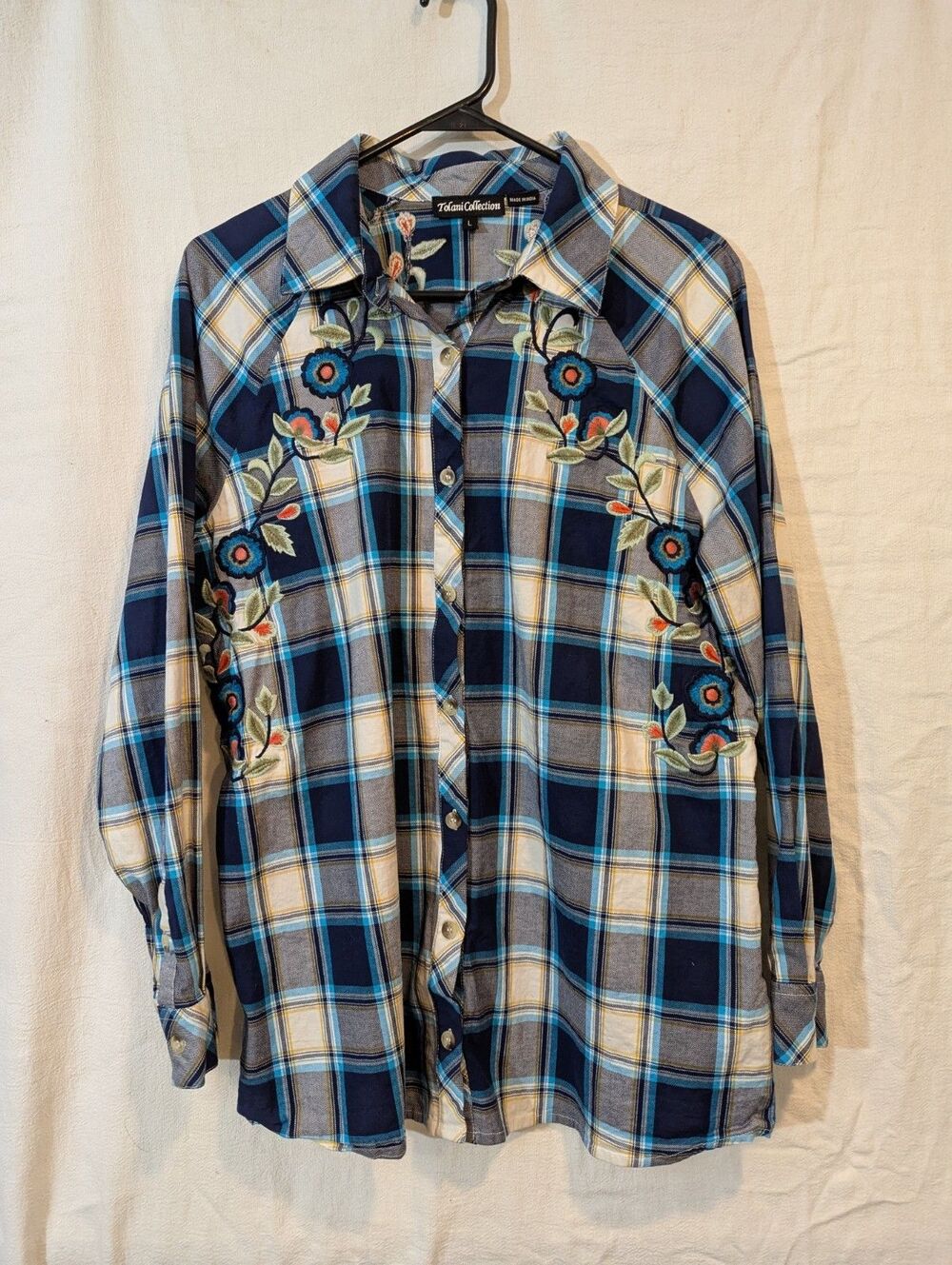 Tolani Collection Women Medium Embroidered Floral Tunic Top Colorful Plaid